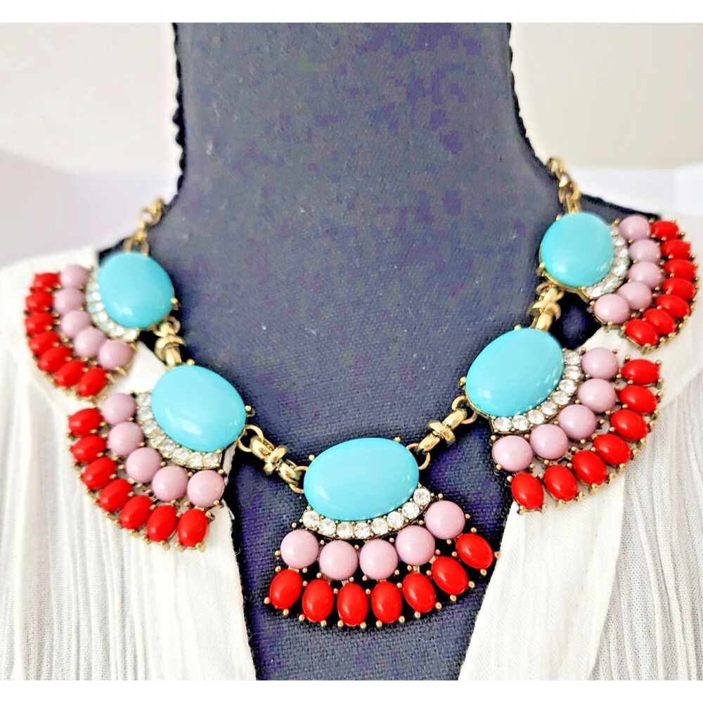 Egyptian Revival Style Bib Necklace Earring Set Faux Turquoise Coral Fan Fringe